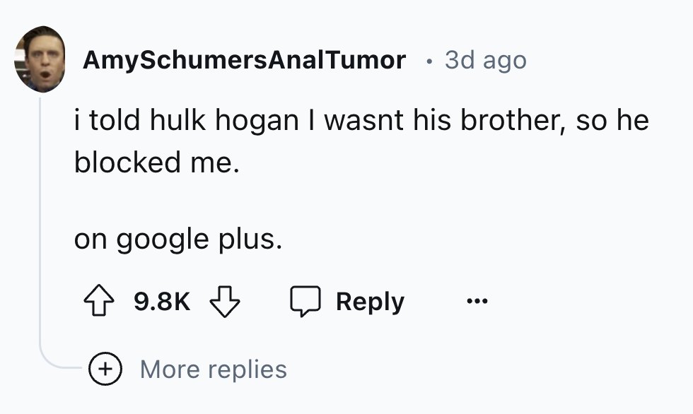 number - AmySchumers Anal Tumor 3d ago i told hulk hogan I wasnt his brother, so he blocked me. on google plus. More replies